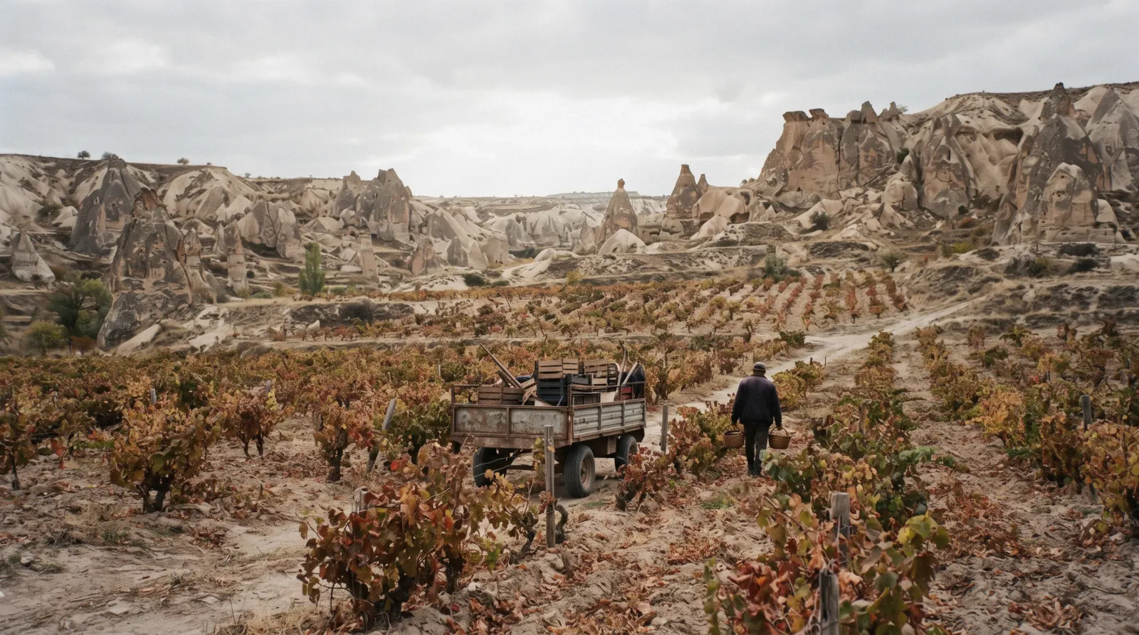 Hot air balloons drifting over the Göreme valleys in soft morning light