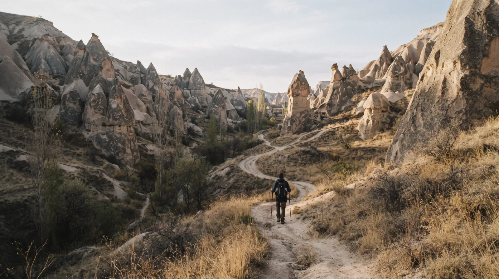 A footpath winding between fairy chimneys in soft morning light