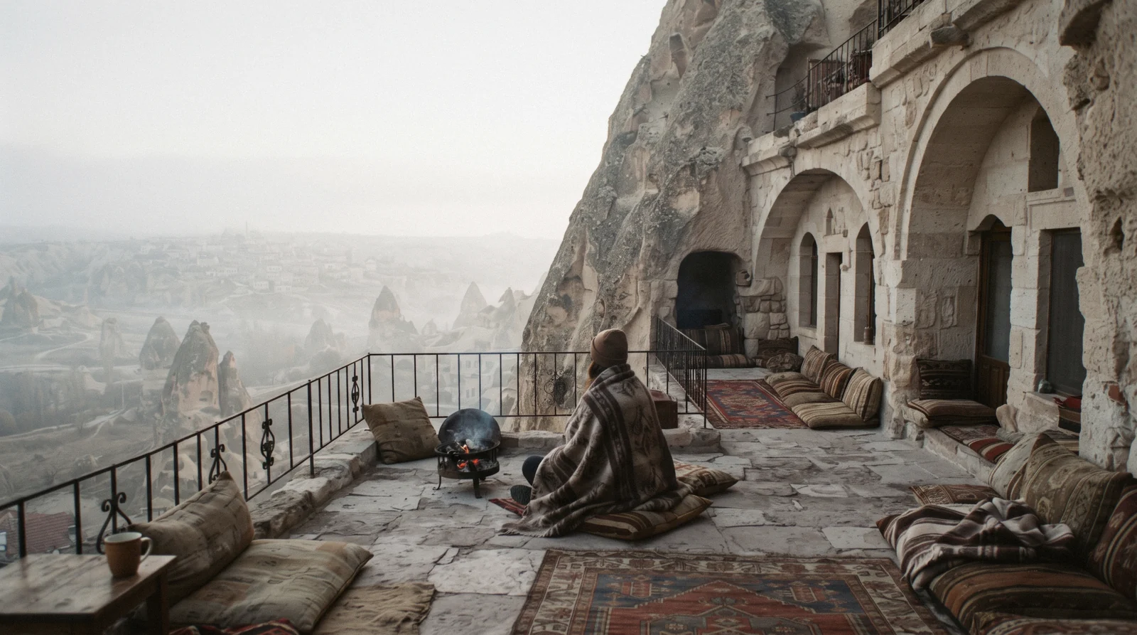 Cappadocia cave hotels: a rock-cut room entrance in Göreme with kilim rugs on the floor and warm lamplight on the stone.