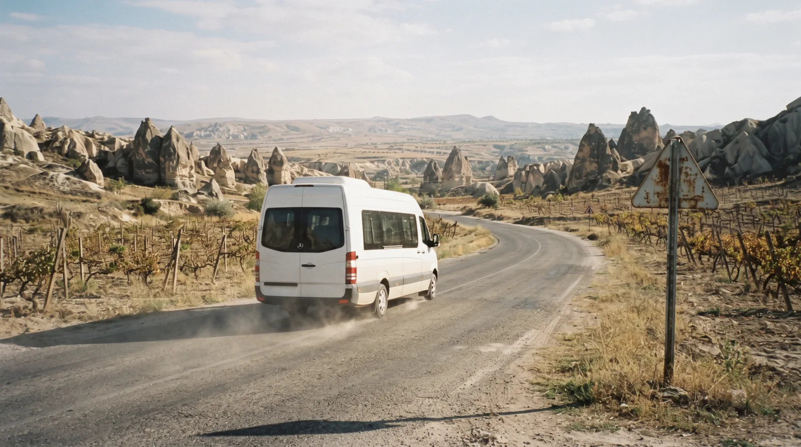 Road south from Göreme with the volcanic tableland of Cappadocia, the country the day trips cross