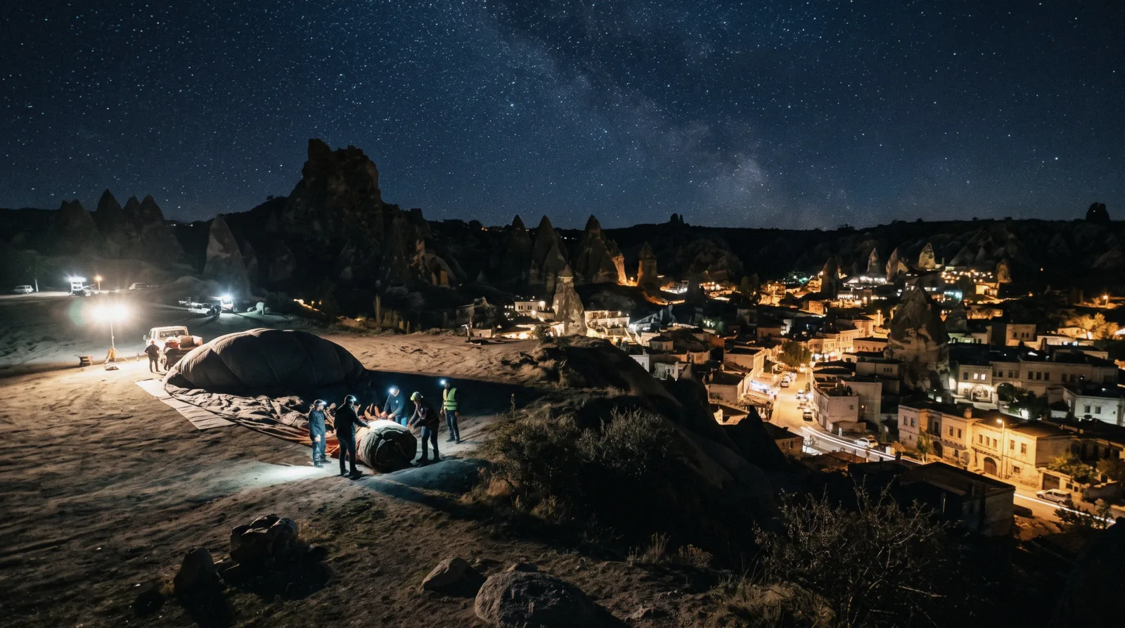 Göreme at night, with lamps glowing in cave hotels under a dark sky above the fairy chimneys