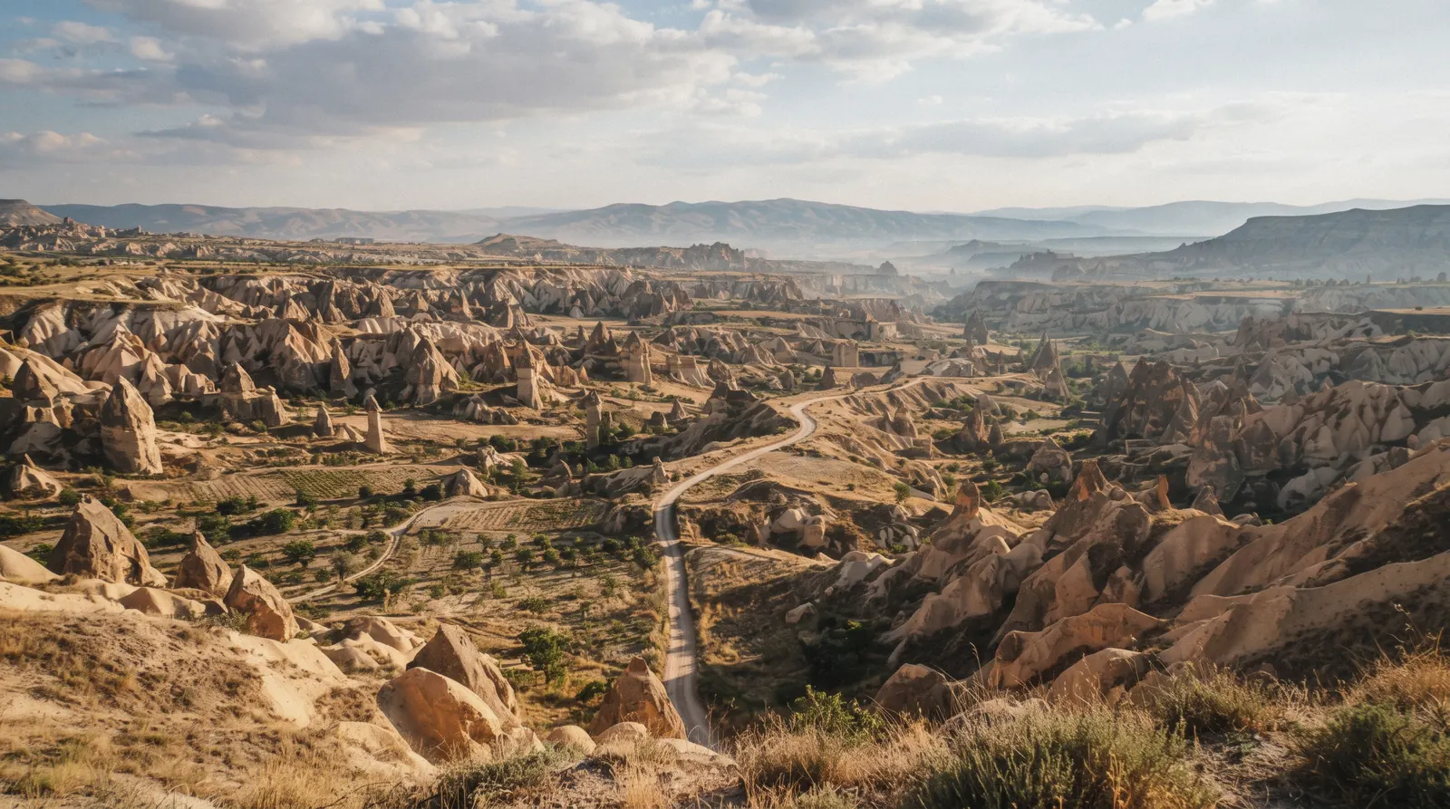 Fairy chimneys and valley slopes of Göreme National Park in early morning light, Cappadocia