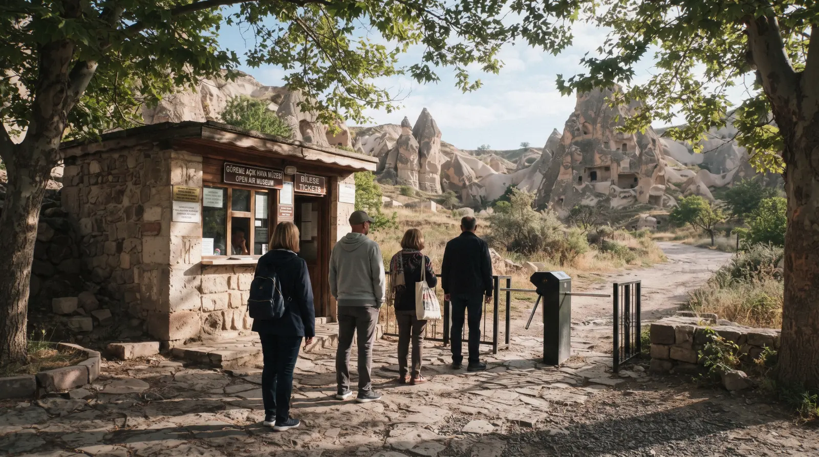 The ticket booth at the Göreme Open Air Museum entrance with a short morning queue, where Cappadocia tickets are sold