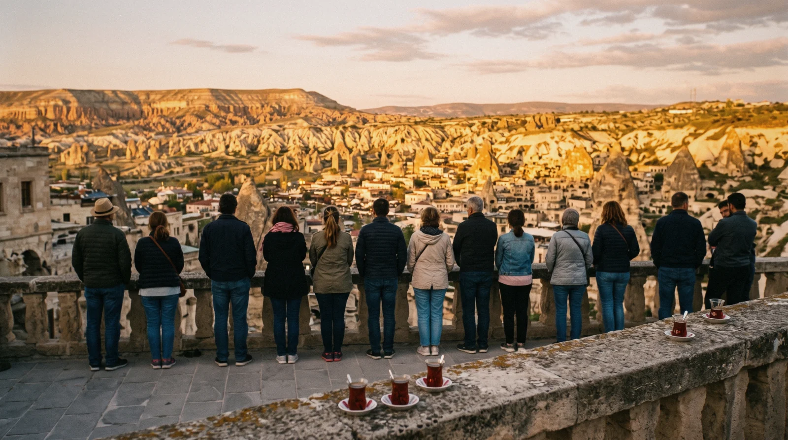 Göreme town rooftops below the ridge with the valley and fairy chimneys beyond, all in warm evening light.