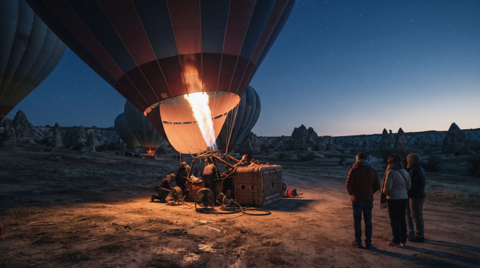Sunrise over Göreme with hot air balloons above the fairy chimneys of Cappadocia