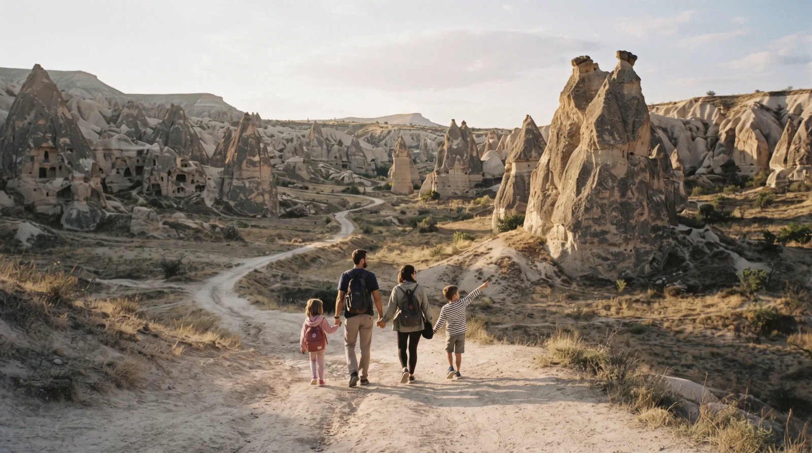 A family watching hot air balloons rise over the Göreme valley at sunrise