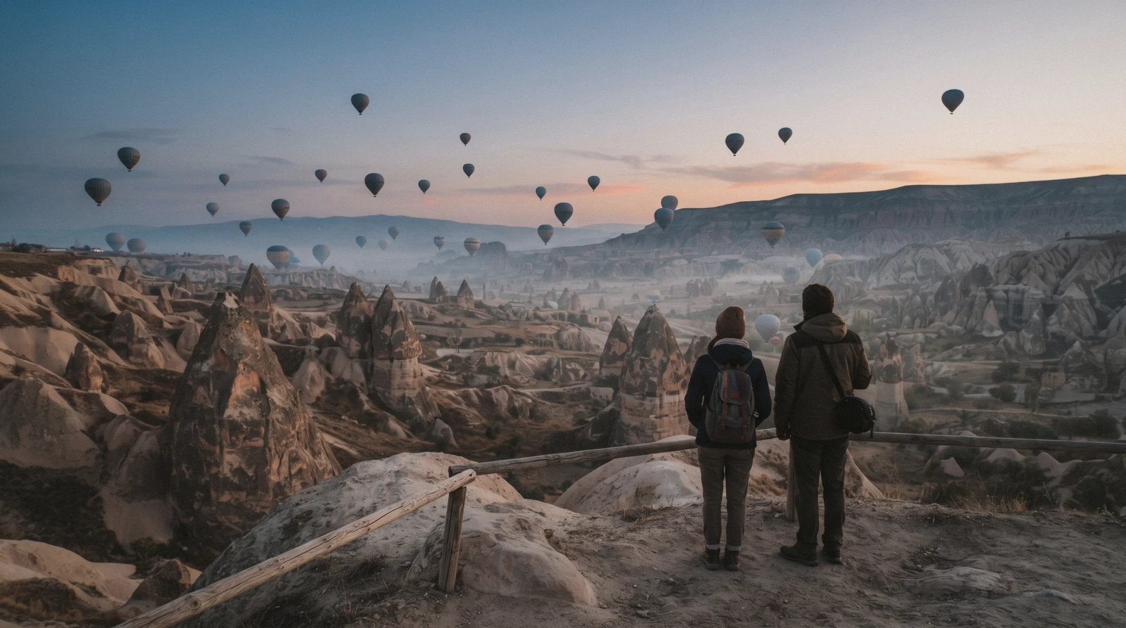 Hot air balloons at dawn over the fairy chimneys of Göreme in Cappadocia, Turkey