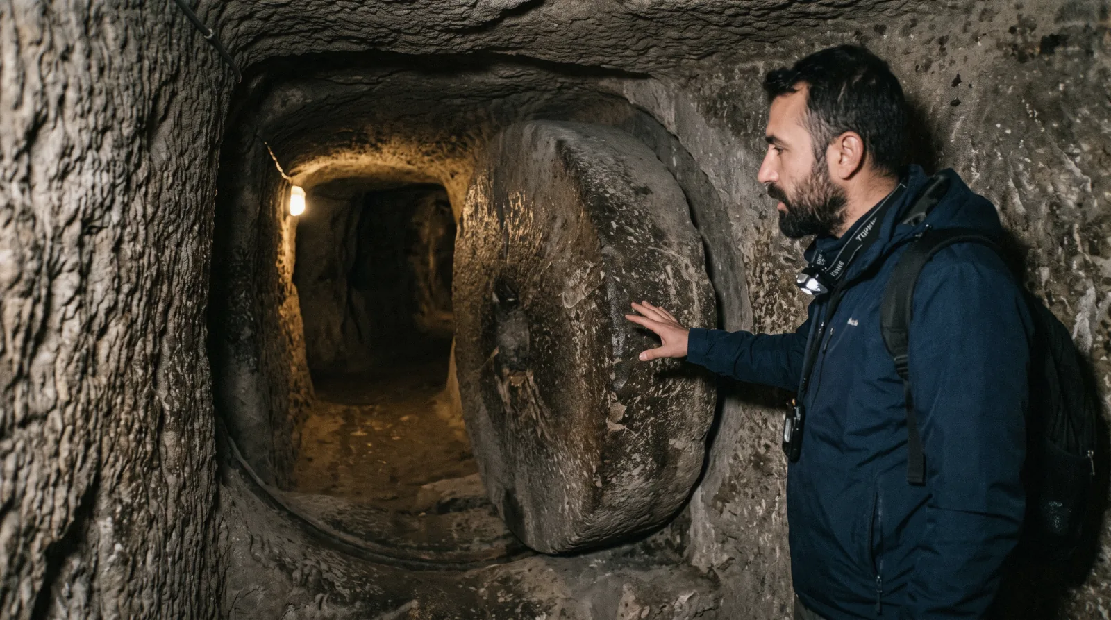 A round millstone door half rolled across a passage in Kaymaklı underground city, lamp light raking across worn stone with a guide gesturing at the stone