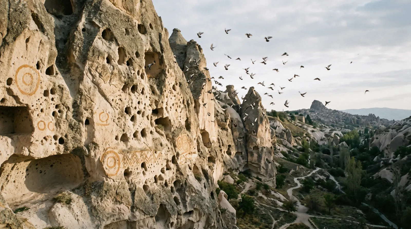 A soft volcanic cliff face pocked with hundreds of carved pigeon holes rising above the green valley floor of Güvercinlik.
