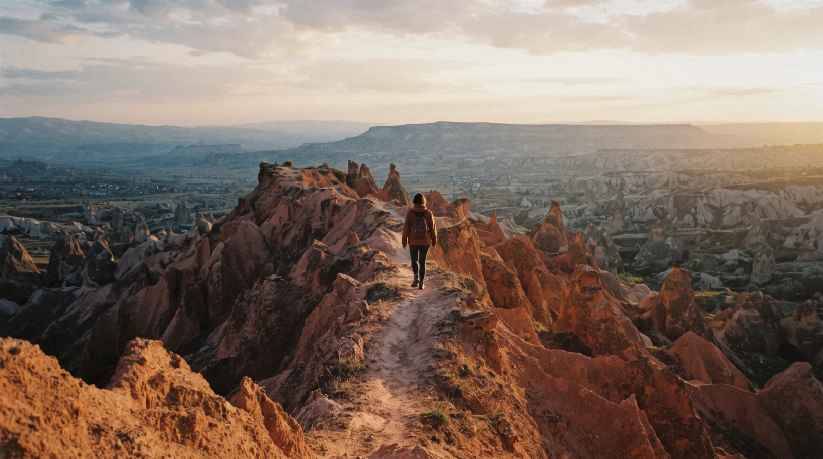 The iron-red banded cliffs of Kızılçukur glowing pink and deep red in the golden hour light.