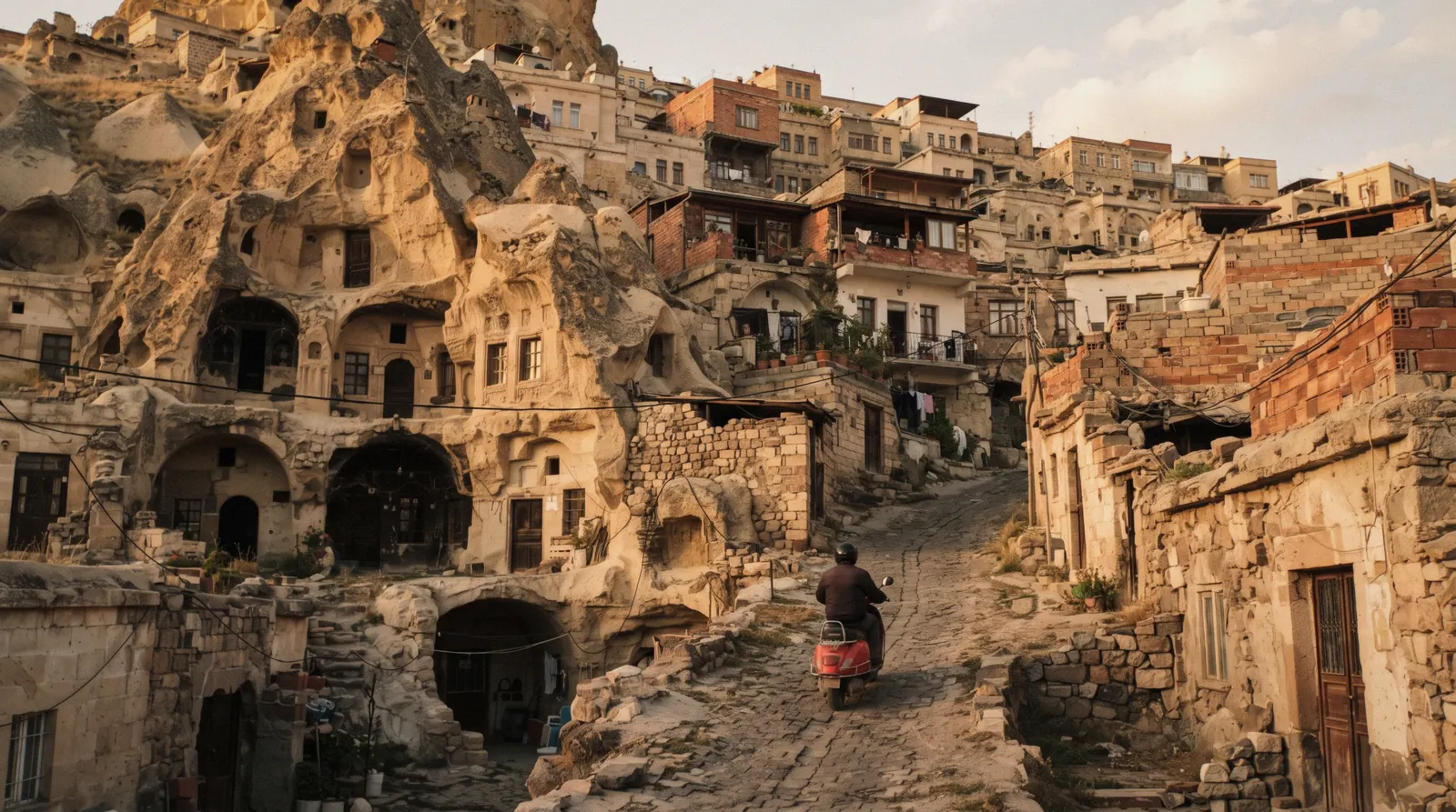 Rock-cut houses and fairy-chimney forms on the edge of Ürgüp, Cappadocia