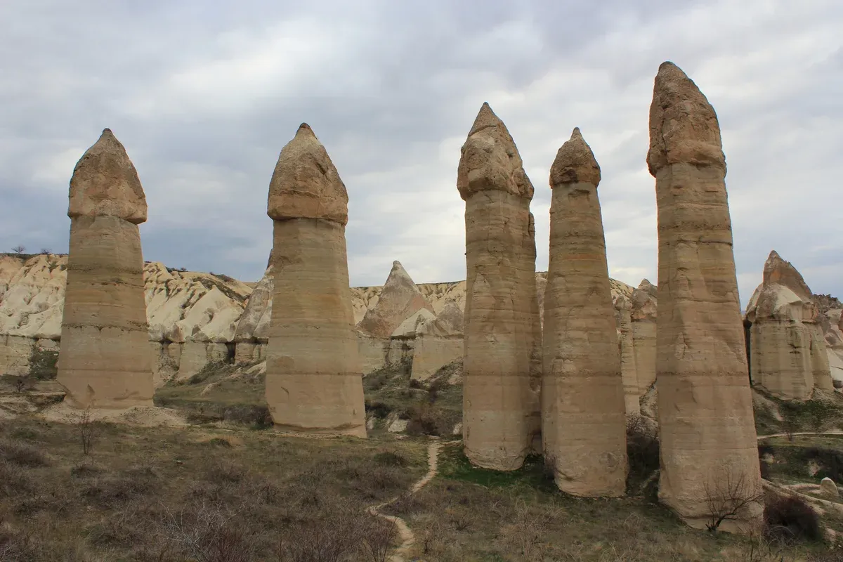Tall capped rock columns in Love Valley near Göreme