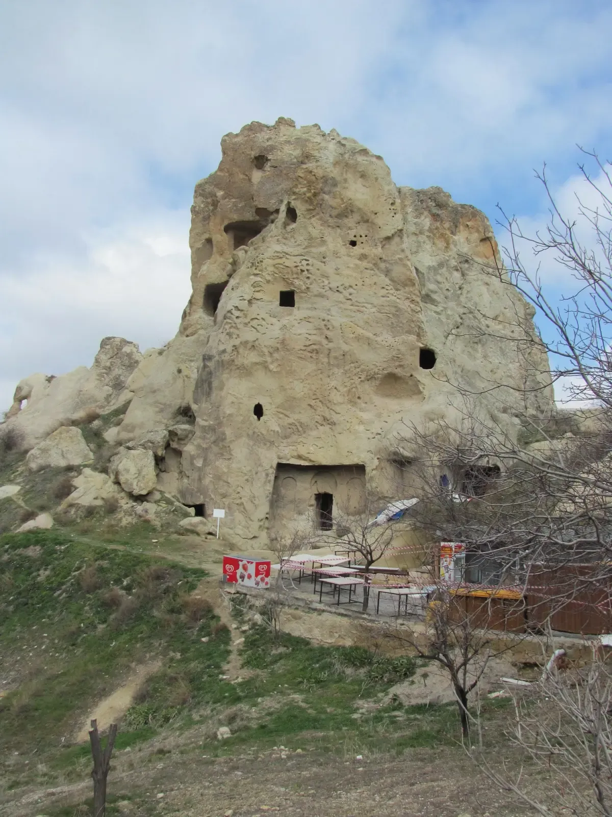 The rock-cut cathedral complex of Selime Monastery rising above the end of the Ihlara Valley